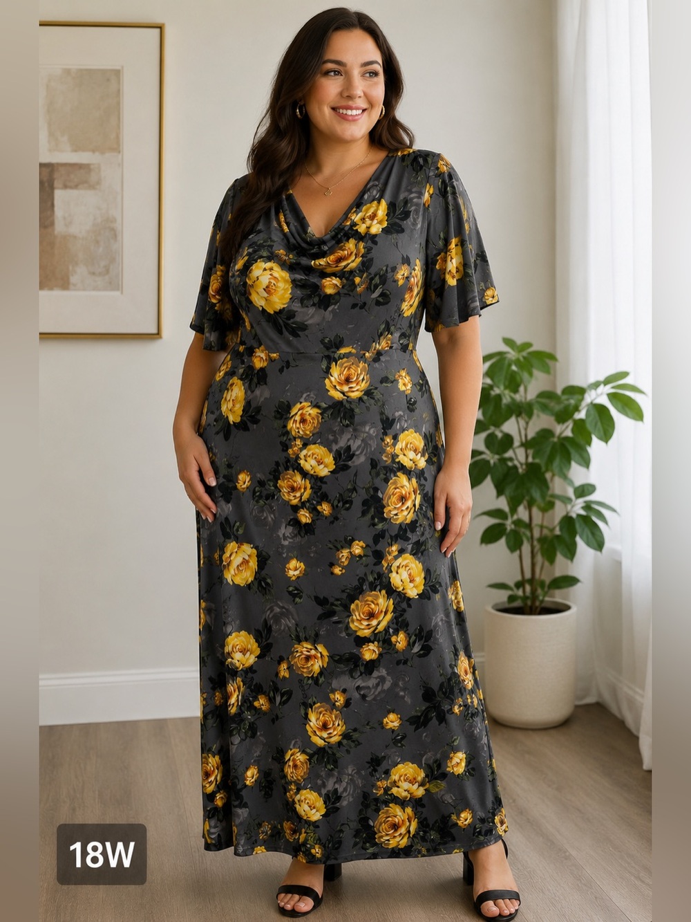 Dark Grey Maxi Dress with Yellow Rose Floral Print Connected Apreal New / Fall